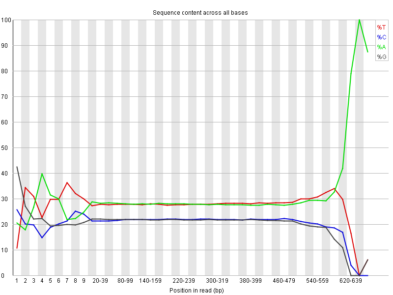 Nucleotide content distribution per base position for all starfish reads after Phred Q20 cleaning: G0CB7HT04.